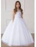 White Beaded Lace Tulle Long Flower Girl Dress